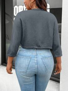 SHEIN Unity Plus Size Nữ Xuân Thu Màu Trơn 3/4 Tay Hở Mặt Trước Áo Cardigan Ngắn - Xám - Xem 2