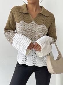 Chiquease 春秋休闲撞色镂空喇叭袖针织毛衣，秋冬针织套头衫 - 彩色 - 查看 4