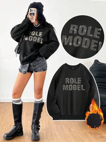 Muchica Sudadera de mujer de cuello redondo y manga larga con transferencia de alfabeto de diamantes de imitación - Negro - Ver 3