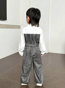 SHEIN 1 件年轻男孩休闲学院舒适时尚简约实用百搭日韩宽松版型拼布翻领衬衫连体裤儿童服装年轻男孩衣服学校返校男孩服装生日派对、聚会、表演、婚礼、洗礼、一周年庆典适合日常上学适合旅行适合运动适合春、夏、秋、冬 - 白色 - 查看 5