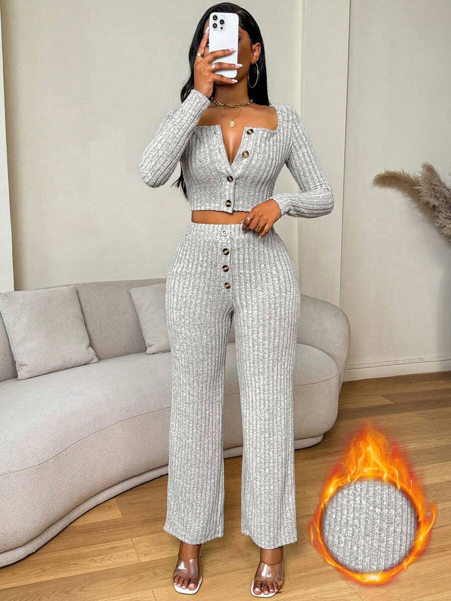 VaVaBold 2 Cái/bộ Bộ Quần Cổ Vuông Phối Nút Phía Trước Áo Và Quần, Mùa Xuân, Mùa Thu - Xám - Xem 1