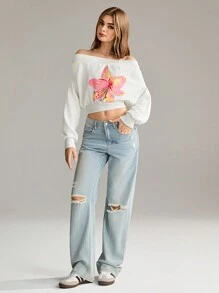 SHEIN Unity 女士印花露肩长袖套头卫衣秋季卫衣 - 白色 - 查看 4