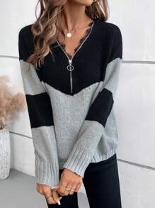 SHEIN LUNE Fashionable New Zip-Up Knitted Sweater, European And American Design Sense, Lace Patchwork, Casual Versatile Pullover