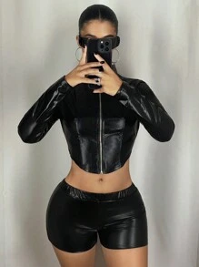 SHEIN ICON 2 件修身亮领长袖开衫 + 紧身短裤套装 - 黑色 - 查看 4