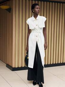 BizChic 白色宽肩带腰带单排扣宽松夏季风衣商务休闲女装 - 白色 - 查看 3