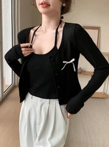 DAZY Women's Slim Fit Long Sleeve Bowknot T-Shirt, Ribbed Tee,Fall Clothes - Black - View 3