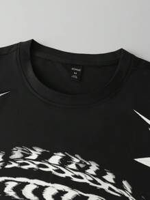 ROMWE MEN Street Life 男式复古宽松图案印花短袖 T 恤，高街风格 - 黑色 - 查看 5