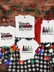 Manfinity 1 件男士休闲圣诞树卡车图案印花圆领短袖 T 恤，适合圣诞派对