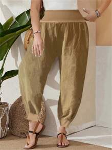 EMERY ROSE 大码女式撞色口袋抽绳宽松休闲裤 - 卡其色 - 查看 5