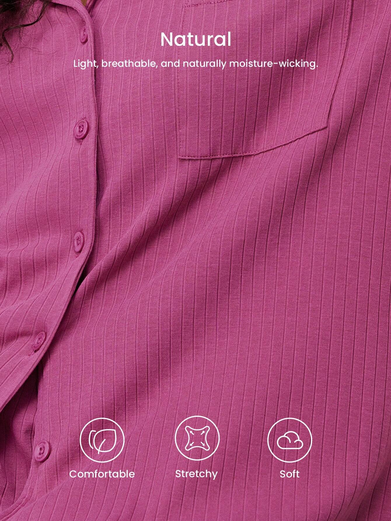 Conjunto de pijama clásico básico de algodón acanalado cómodo de color rosa con top de manga larga con botones y pantalones, conjunto de ropa de estar en casa de otoño e invierno para mujeres