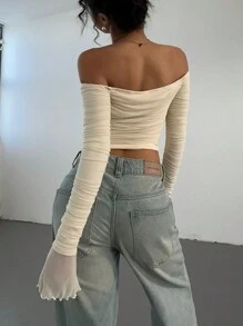 Aloruh Women Fall Elegant Daily Casual Basic Knit Top Apricot Slim Fit Off Shoulder Top, Spring Summer,Going Out Top,Office Tops,Commuter Top,Spring - Apricot - View 7