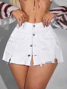 SHEIN SXY Women's Button Waist Band Pocket Design Ripped Casual Denim Shorts - White - View 2
