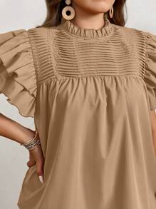 SHEIN LUNE Plus Size Women's Summer Solid Color Frill Trim Stand Collar Double Layer Cap Sleeve Blouse - Khaki - View 5