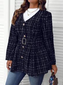EMERY ROSE Cappotto invernale per donne taglie forti, con collo a V, maniche lunghe, elegante blazer aderente, stampa plaid, adatto per primavera e autunno - nero - Visualizzare 6
