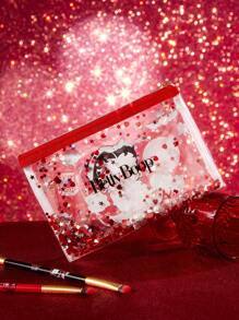 Betty Boop x SHEIN Estuche de cosméticos transparente brillante con personajes de dibujos animados y estampado floral de rosas, regalo para el amante