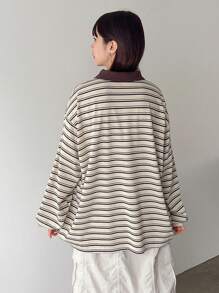 FRIFUL 女士宽松条纹 Polo 领长袖休闲 T 恤，春夏、秋季服装 - 彩色 - 查看 6