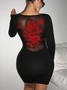 SHEIN ICON Women's Spring-Summer Long Sleeve Bodycon Dress With Chinese Dragon Net Mesh Panel - Black - View 1