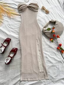 Soleia Rochie de damă de vacanță de început de toamnă, bej, cu talie elastică, răsucită în față - Bej - Vizualizare 6