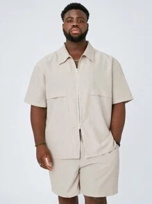 Manfinity VCAY 2 件大码男士休闲梭织修身短袖衬衫和松紧腰短裤套装 - 杏色 - 查看 3