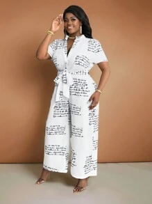 Slaydiva 優雅且休閒鬆身圖案印花襯衫領大尺碼連身褲，適合通勤和日常穿著