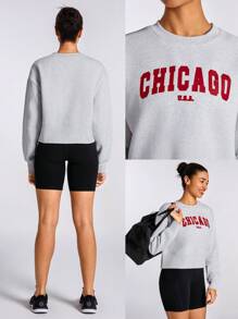 GLOWMODE Cotton-Blend Fleece Graphic Ribbed Hem Oversized Crew Neck Sweatshirt