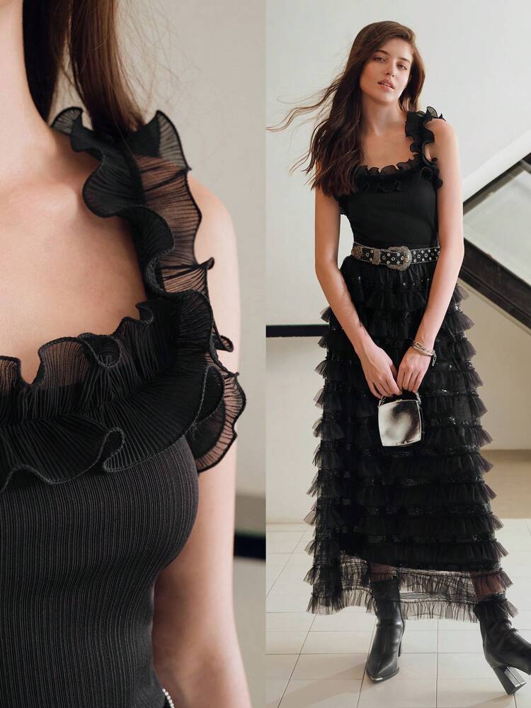 MOTF STUDIO SOLID PLISSE RUFFLE TRIM WIDE STRAPS TOP