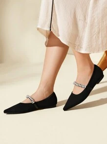 CUCCOO BASICS Rhinestone Decor Point Toe Ballet Flats Vacation Shoes Summer Elegant Flats Back To School Shoes College Student Shoes Halloween - Black - View 6