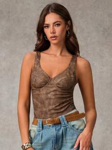 SHEIN BAE Body de mujer versátil de piel PU de color marrón/Body marrón/Body con corset