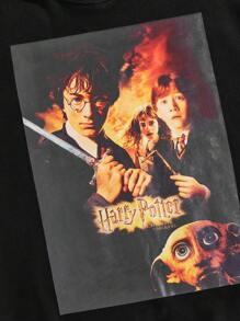 ROMWE MEN Harry Potter | ROMWE Men's Casual Loose Drawstring Hooded Sweatshirt With Character And Letter Print, Spring Autumn - Black - View 4