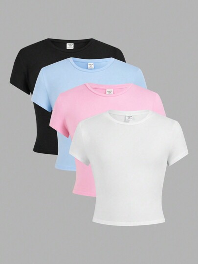SHEIN Girlism 4 piezas/set de camisetas de manga corta ajustadas de cuello redondo de unicolor informal para niñas preadolescentes