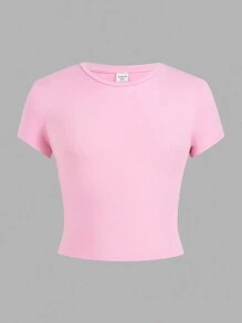 SHEIN Girlism 4 件套 Tween 女童休闲圆领纯色修身短袖 T 恤 - 藍色 - 查看 12