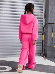 SHEIN Tween Girl Retro Knitted Long Sleeve Hoodie Set, Sibling Outfits And Me Matching Outfits (2 Sets Are Sold Separately), Fleece, Thickened - Hot Pink - View 5