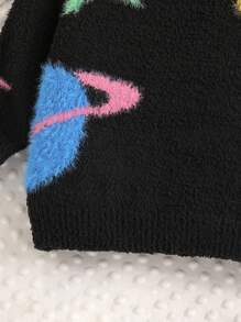 Young Girl Loose Round Neck Moon And Star Pattern Pullover Sweater, Soft And Warm For Autumn & Winter - Black - View 4