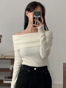 DAZY Women's Casual Plain Off-Shoulder Sweater, Spring & Autumn,Long Sleeve Tops,Fall Women Clothes - Beige - View 4