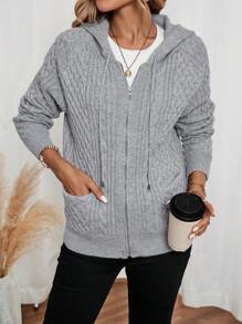 EMERY ROSE Damska jesienno-zimowa nowa dzianinowa kurtka sweterkowa z kapturem i zamkiem błyskawicznym - Szary - Zobacz 6