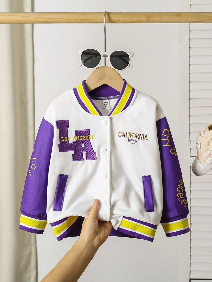 SHEIN جاكيت بومبر فتيات كاجوال خفيفة الوزن بتطريز حرف بلون متباين، مريحة للارتداء اليومي والرياضة - أبيض - مشاهدة 1