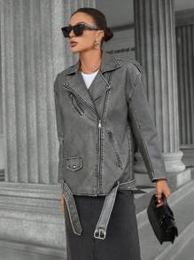 Aveloria Chaqueta de poliuretano desgastada y oversize para mujer, abrigo cortoviento suelto de estilo de motocicleta, otoño