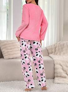 Conjunto de pijama de mujer con top de manga larga y pantalones largos con diseño lindo de panda - Rosa - Ver 2