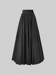 Elegant Women's A-Line Skirt, Suitable For Dates, Student Wear, Daily Travel, Versatile, Casual, Beach And Other Occasions. Elegant And Casual Women's A-Line Skirt, Solid Color, Waist-Shaping, Pleated Design, Woven Fabric, Available In Multiple Colors, Suitable For Outings And Can Also Be Worn As Loungewear. - Black - View 4