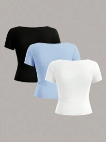 SHEIN EZwear 3 件大码女式黑色、白色和蓝色短袖短款休闲修身 T 恤，适合夏季 - 彩色 - 查看 10