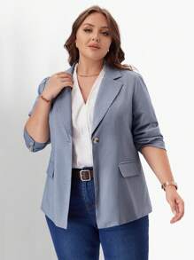 EMERY ROSE Damen Lässig Blazer Jacke in Große Größen mit Kragen, Knopf, in Blau für den Herbst, Business Lässig Damen mit Taschen - Blau - Übersicht 2