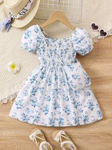 SHEIN Floral Printed Shirred Puff Sleeve Dress For Young Girls - White - View 1