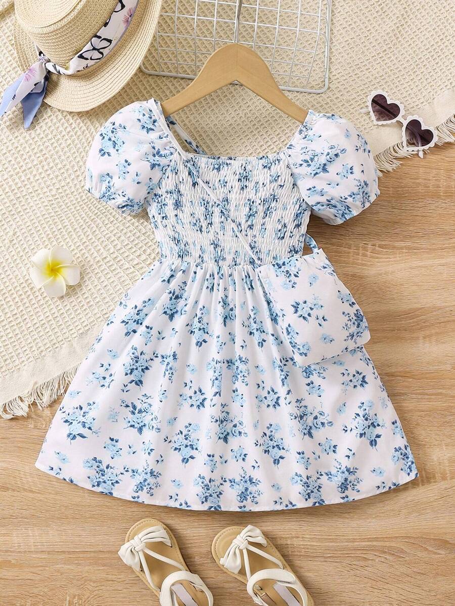 SHEIN Floral Printed Shirred Puff Sleeve Dress For Young Girls - White - View 1