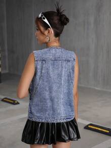 SHEIN 少女宽松蓝色牛仔蝴蝶结背心 - 淺色水洗藍 - 查看 2