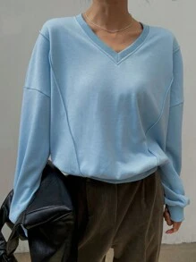 DAZY Sudadera holgada con cuello en V de forro polar cálido para mujer, ropa de mujer de otoño e invierno - Azul - Ver 7