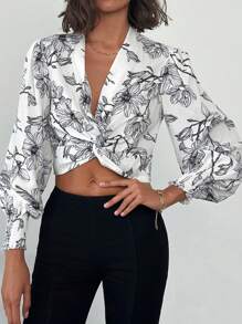 SHEIN Privé Damen elegante romantische Bluse mit Blumenprint und Puffärmeln für Urlaub, schwarze und weiße Bluse