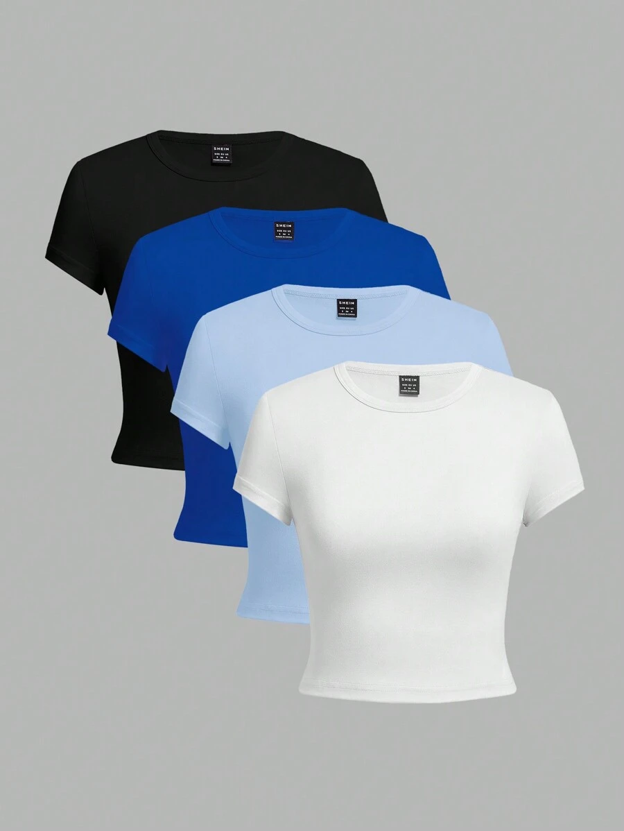 SHEIN EZwear 4 件套休闲圆领短袖修身女式 T 恤，夏季