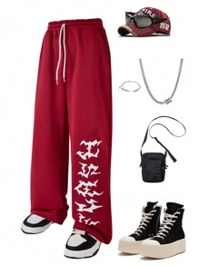 SHEIN 青少年男孩字母图案针织休闲宽松运动裤，休闲款，适合万圣节派对 - 紅色 - 查看 2