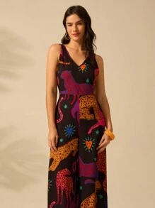 CAJUNI Phụ Nữ Kỳ Nghỉ Cổ Chữ V Nhiệt Đới Colorfal Da Báo Không Tay Đen Thẳng Thường Ngày Mùa Hè Rời Jumpsuit - Nhiều màu - Xem 7