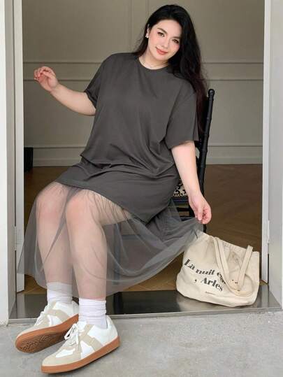 Dazy Plus 加大码中长款 T 恤款式网眼拼布连衣裙，春夏太阳裙，休闲女装